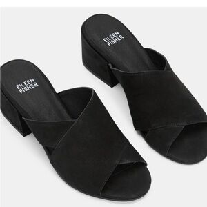 Eileen Fisher Black Suede Crisscross Block Heel Mule
